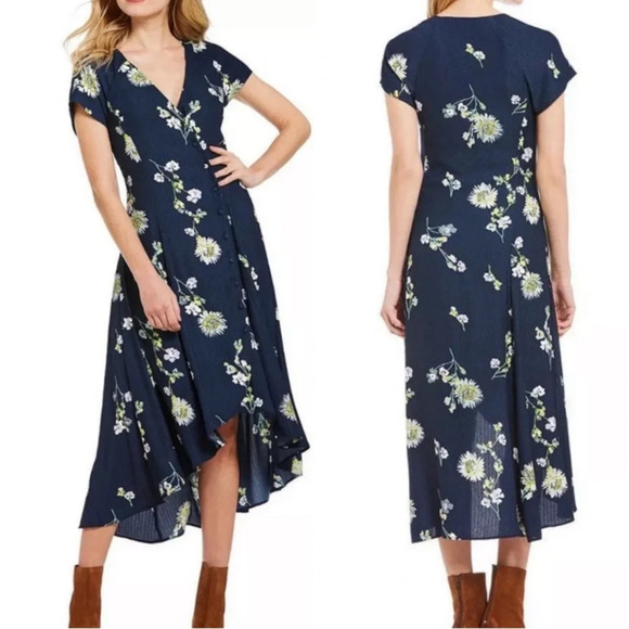 Free People Lost In You Navy Blue Midi  Floral Navy Button Short Sleeve … - Picture 2 of 13